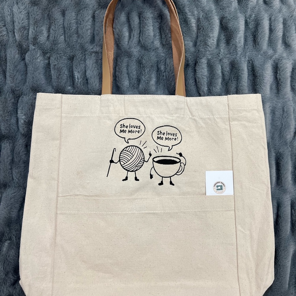Canvas Tote Bag with Cute Yarn and Coffee Design